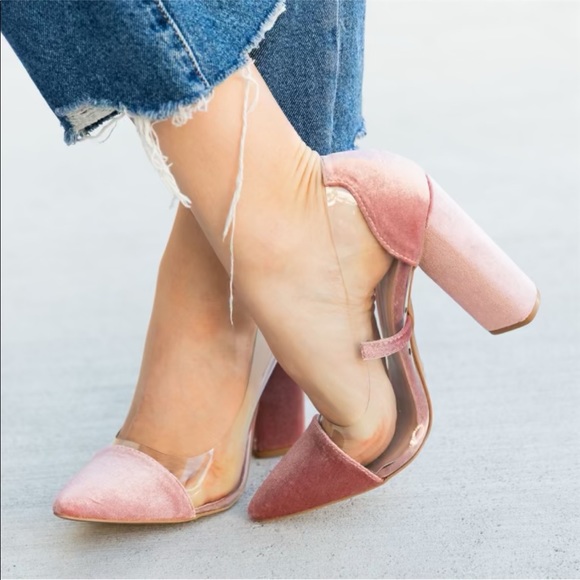 NWOT Chic Blush Velvet Clear Heels - Picture 3 of 4